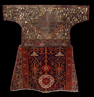 Bita Ghezelayegh, The Letter that never Arrived (VII) (carpet cloak), 2013, Woven carpets (front and back), silk embroidery, metal tokens, old pen nibs, 112 x 110 cm
