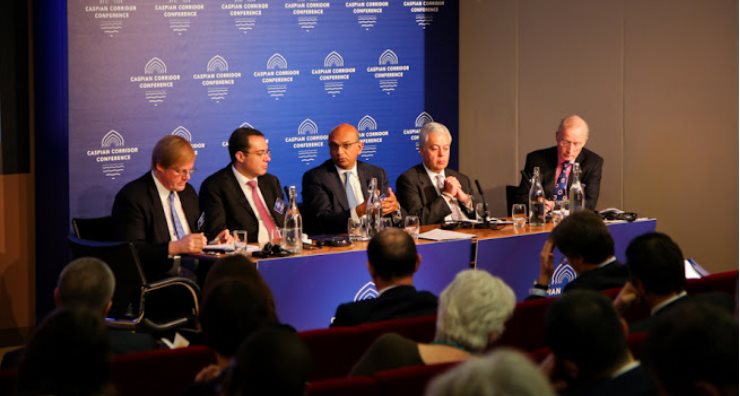 Sir David Wootton, Shahmar Movsumov, Zubaid Ahmad, Vahid Alaghband and Simon Hills at the Second Caspian Corridor Conference held in March 2014