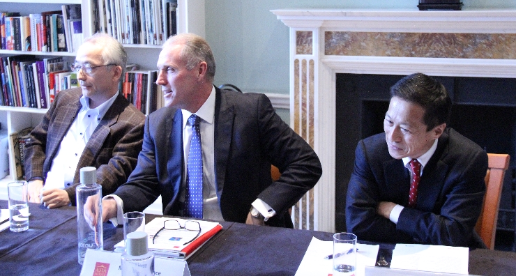 Tetsuya Jitsu, Deputy Chief Editorial Writer of The Nikkei, left, with Michael Lawrence, CEO of Asia House, centre, and Noriyuki Sato, Vice President of Mitsui & Co Europe Plc, right