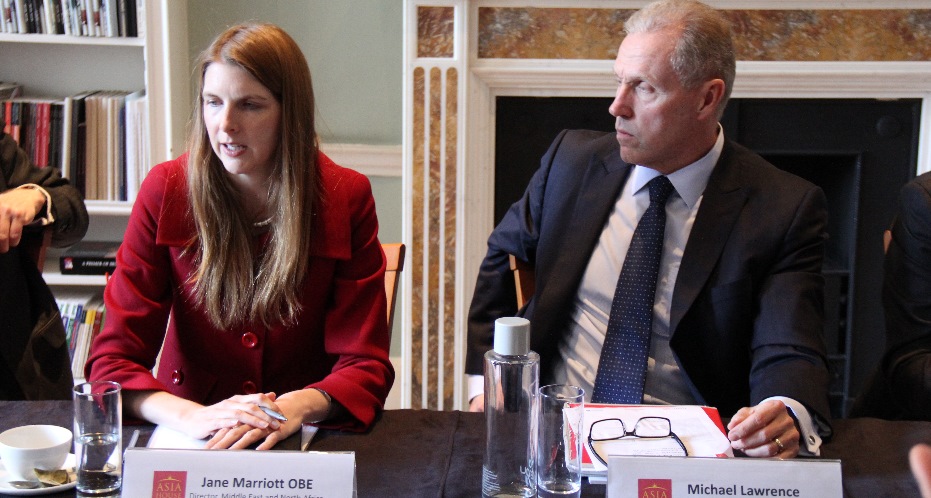 Director for Middle East and North Africa at the FCO Jane Marriott OBE, left, with CEO of Asia House Michael Lawrence, right