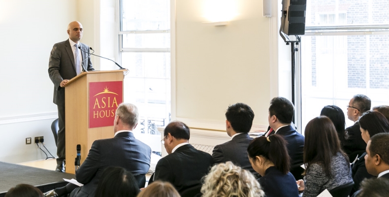 UK Business Secretary Sajid Javid MP delivers keynote remarks to a packed room at Asia House. Photo by Miles Willis 