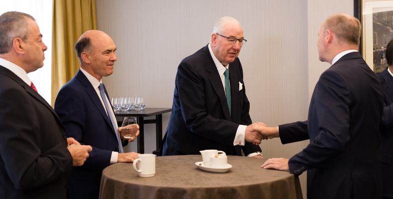 Pictured, from left, networking before the briefing are Colin Smith, Group President of Rolls-Royce; Ian Taylor, Group CEO of Vitol; Sir Henry Keswick, Chariman of Matheson & Co and Sir John Peace, Chairman of Standard Chartered. Image credit: Chris Renton