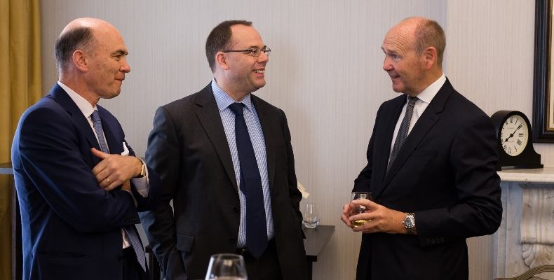 Pictured at the coffee prior to the briefing are Ian Taylor, Group CEO of Vitol; Julian Adams, Group Regulatory Director at Prudential and Sir John Peace, Chairman of Standard Chartered. Image credit: Chris Renton