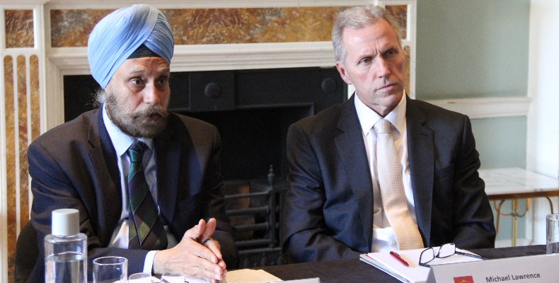 The High Commissioner to India Navtej Sarna, left, fields questions from corporate members at a private briefing at Asia House. Pictured on the right is Chief Executive of Asia House Michael Lawrence 