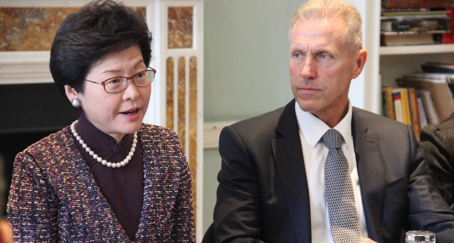 Hong Kong Chief Secretary for Administration The Hon Mrs Carrie Lam. left, gave a briefing to Asia House corporate members this morning. She is pictured with Chief Executive of Asia House Michael Lawrence, right