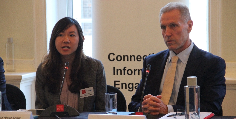 Andrea Alexa Seow, Centre Director, Singapore Economic Development Bank (left) said Singapore was aiming to become a smart financial centre. She is pictured next to Chief Executive of Asia House Michael Lawrence (right)